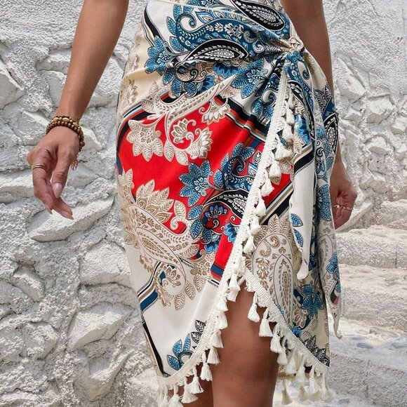 Multicolor Boho Womens Paisley Print Tassel Trim Wrap Knot Side Skirt - Picture 3 of 5